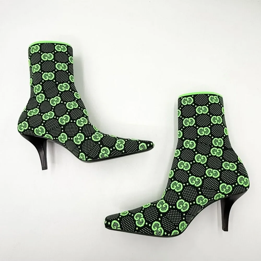 Gucci GG Sock Boot Green Black Heels Bootie Eu 39 US 9 - Picture 5 of 10